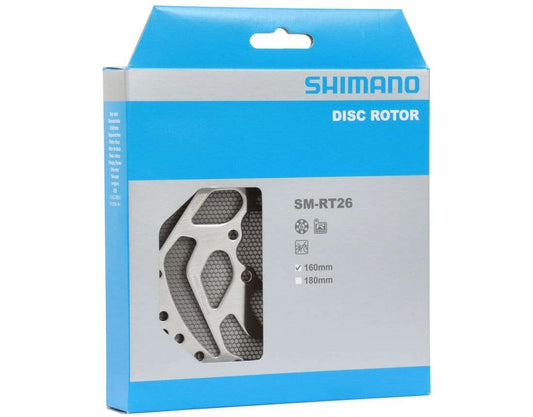 Shimano 6 bolt disc rotor for resin pads, 160 mm, silver MTB accessory.