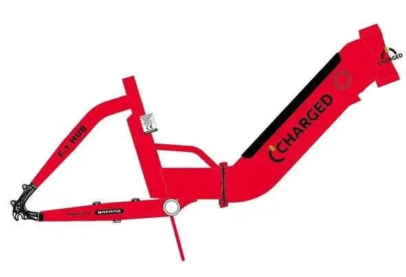Charged F1 Hub Frame in bright red with black and yellow logo details, featuring a sturdy metal construction and a sleek modern design.