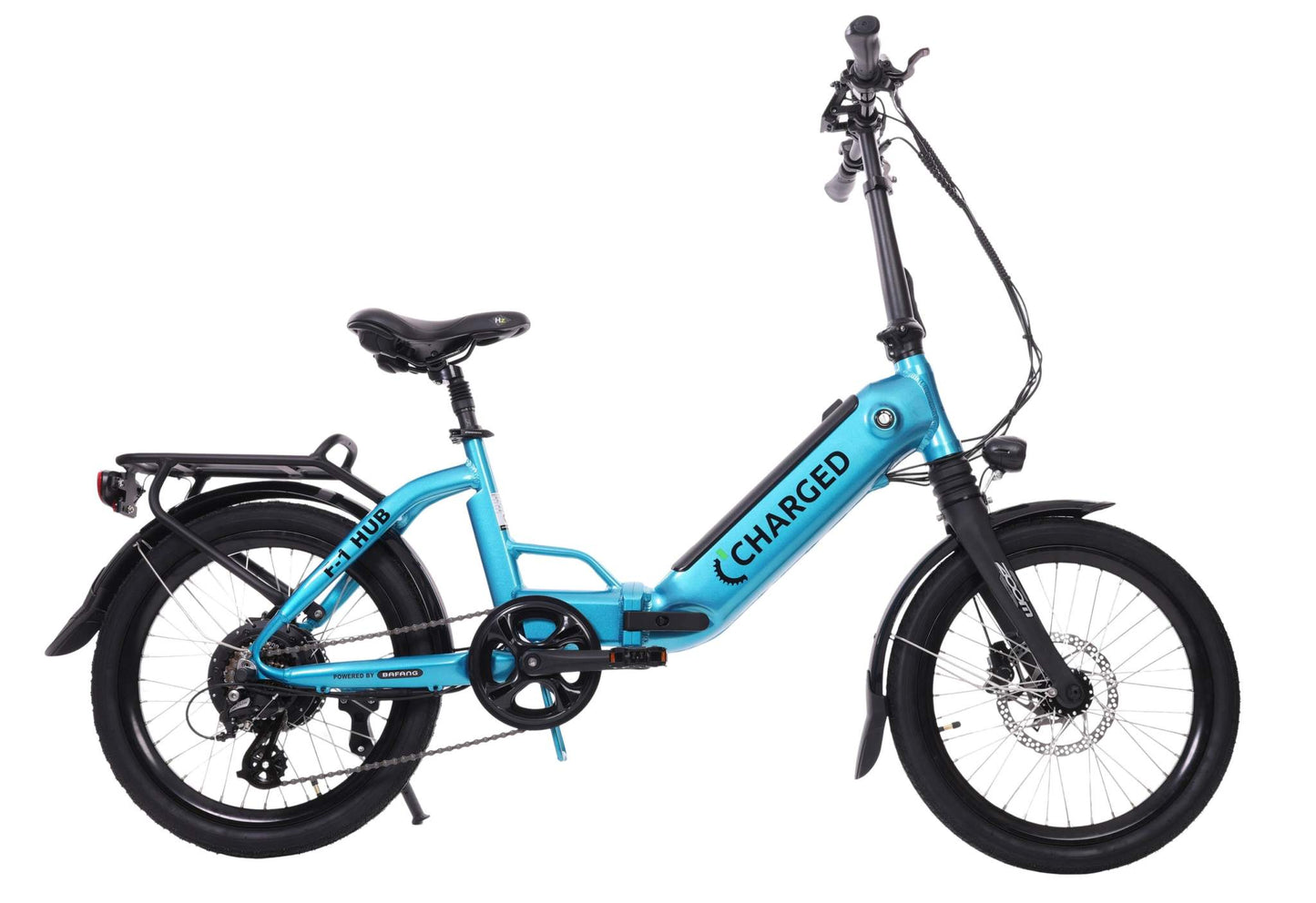 Folding electric bike with blue alloy frame, disc brakes, and rear motor.