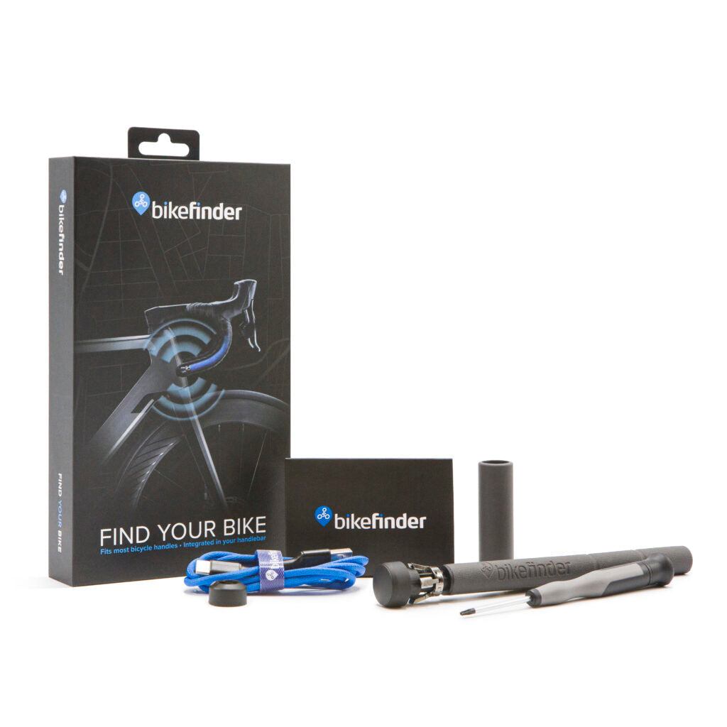 Bikefinder Bike GPS Tracker bar-end integrated design in black with USB-C charging cable, handlebar adapter, and installation tool.