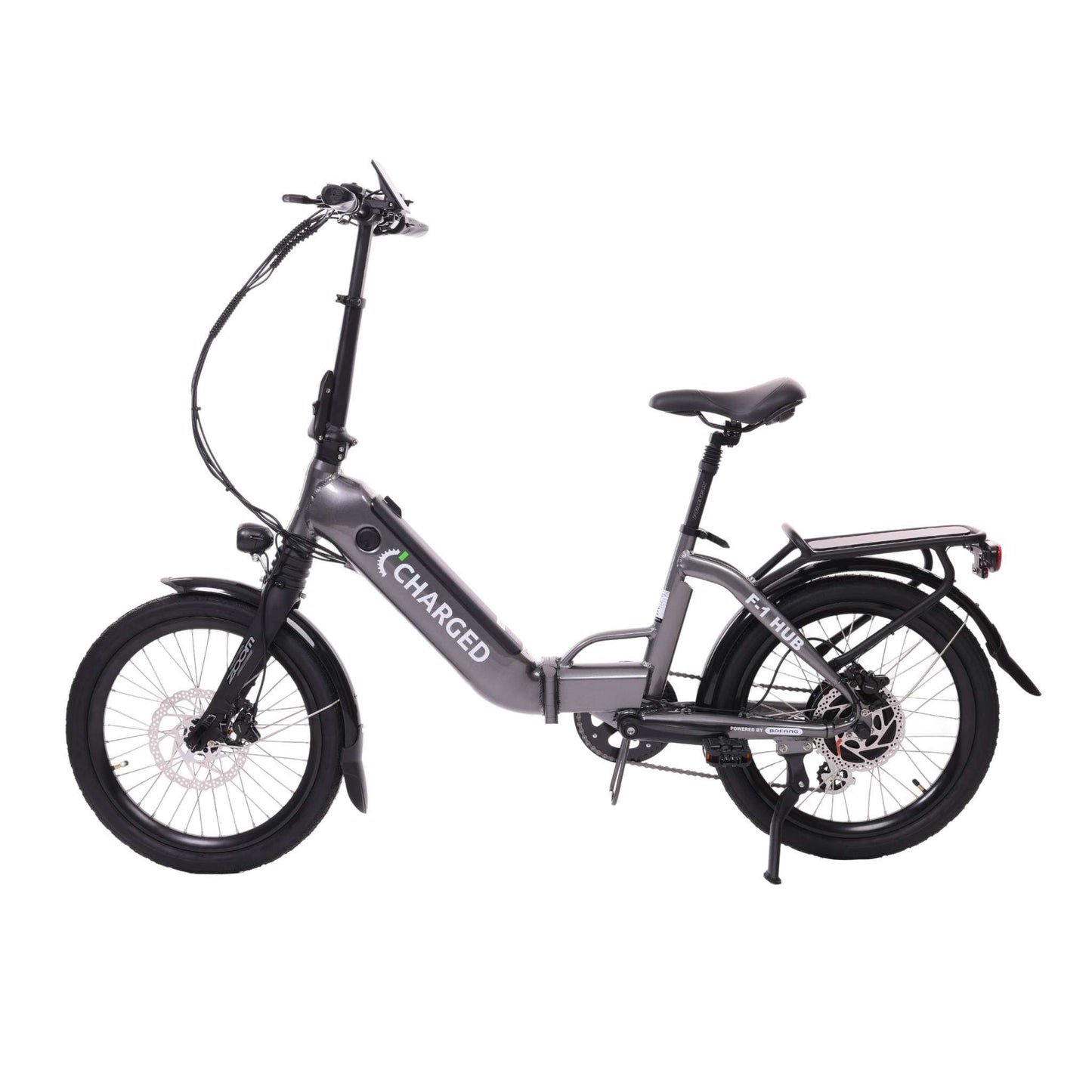 Charged F1 Hub Folding Electric Bike with Bafang 250W motor, Shimano gears, and double-walled alloy wheels.