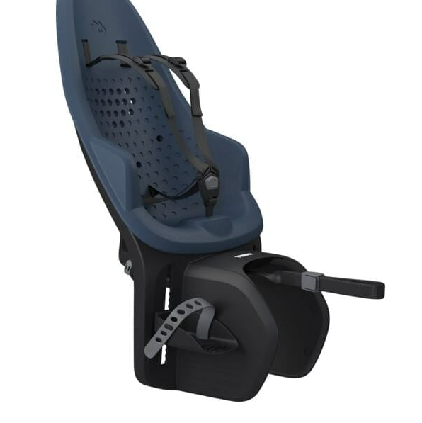 Yepp 2 Maxi rear seat in dark blue and black, hard plastic child bike seat with adjustable straps and footrests.