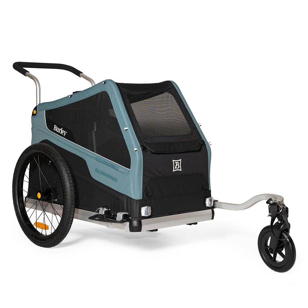 Burnley Bark Ranger Pet Trailer in gray and black with roll-up windows and detachable wheels.