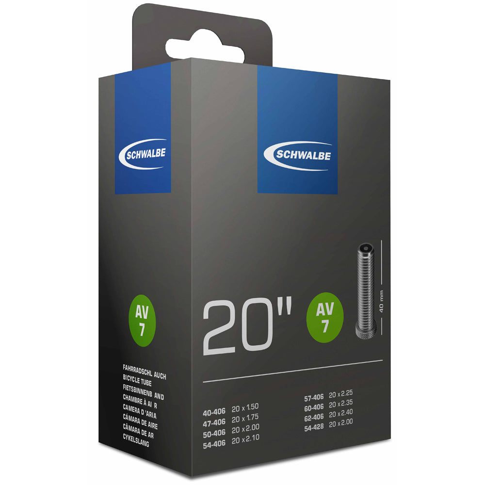 Schwalbe AV7 Inner Tube 20 1.5 - 2.5 in packaging, recyclable, tested for leaks, Schrader valve.