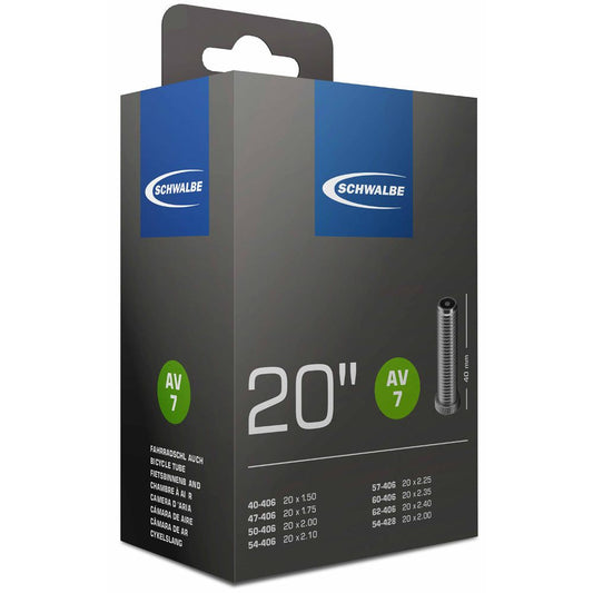 Schwalbe AV7 Inner Tube 20 1.5 - 2.5 in packaging, recyclable, tested for leaks, Schrader valve.
