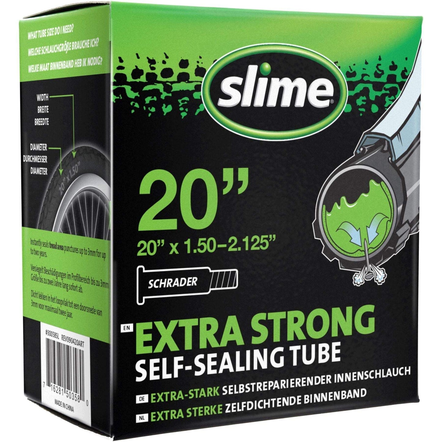 Slime Smart Tube 20 x 1.50 - 2.125 Schrader Valve, self-sealing bicycle tube packaging.