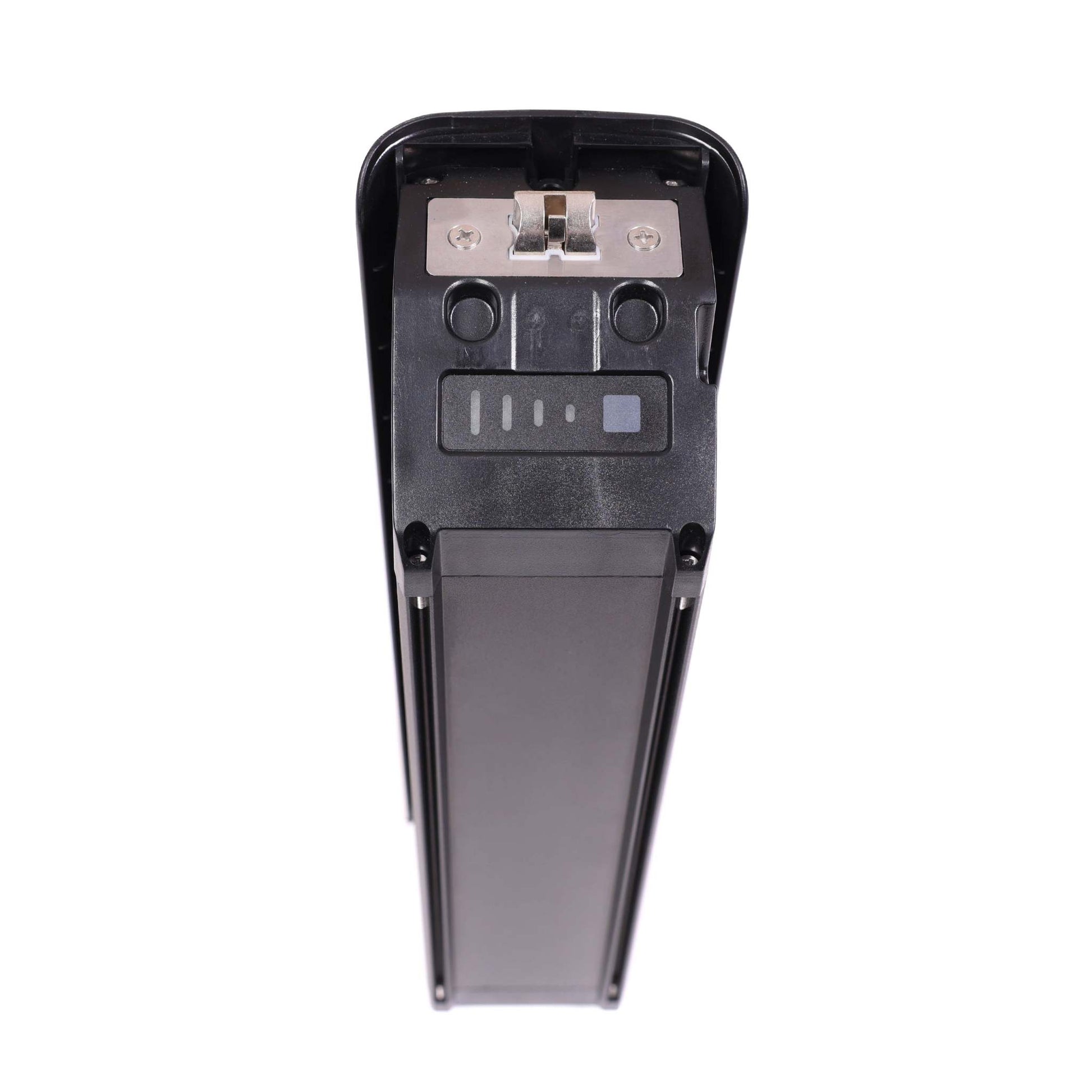 Charged F1 Hub Replacement Battery, top view, black casing.