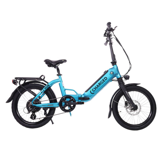 Charged F1 Hub Folding Electric Bike in Candy Blue with Bafang Hub motor and LCD display.