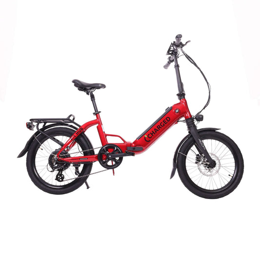 Charged F1 Hub Folding Electric Bike in candy red with Bafang 250w motor, 20-inch wheels, and Shimano components.