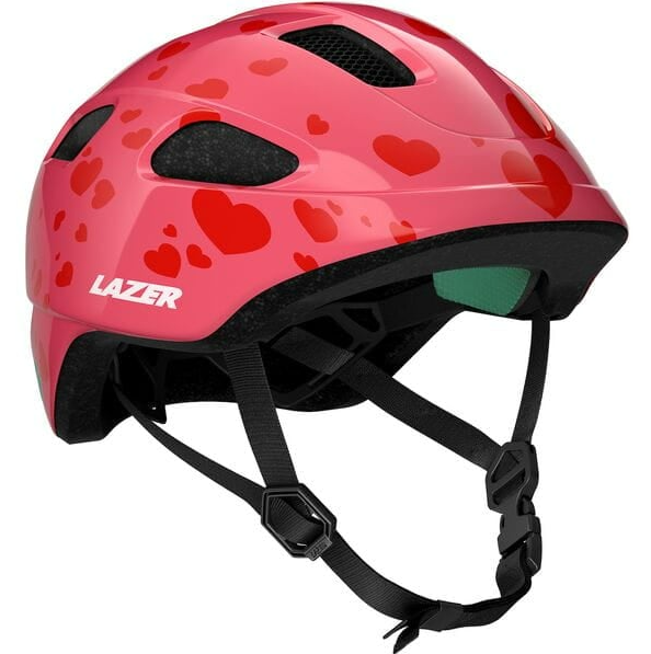 pink kids Pnut helmet with heart designs and adjustable straps