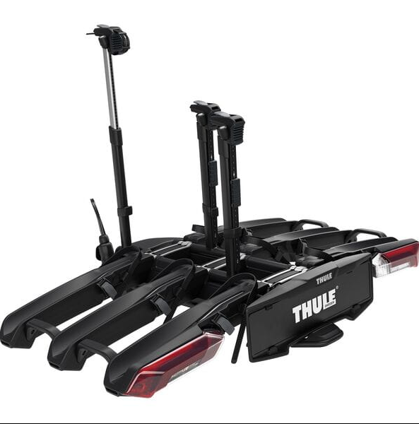 Thule Epos 3-bike towball carrier with 13-pin connector, folding design, secure clamps, and foot-activated tilt function