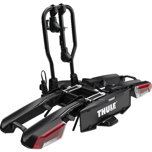 Thule EasyFold 3 black and silver towbar bike rack for 2-4 bikes including e-bikes, foldable with integrated lamps