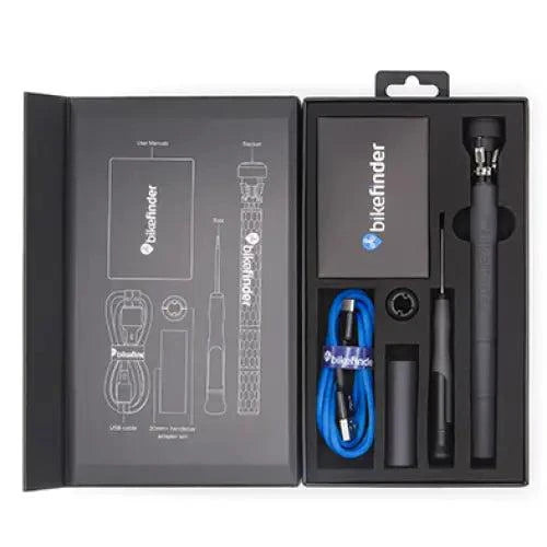 Bikefinder Bike GPS Tracker bar-end integrated device in black with USB-C cable, handlebar adapter, tool, and user manual in box