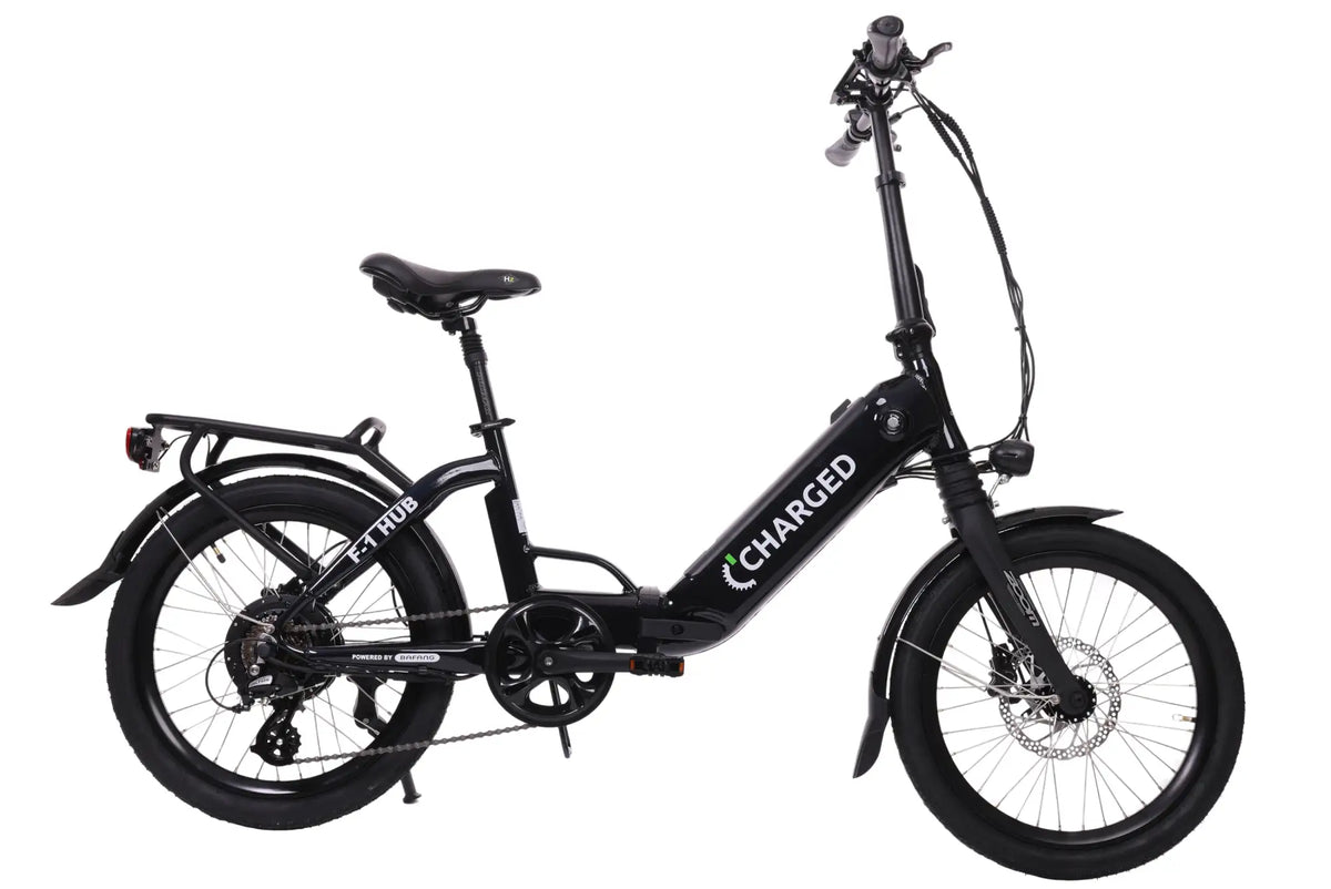 Black “charged” brand folding electric bicycle with sleek frame and disc brakes.