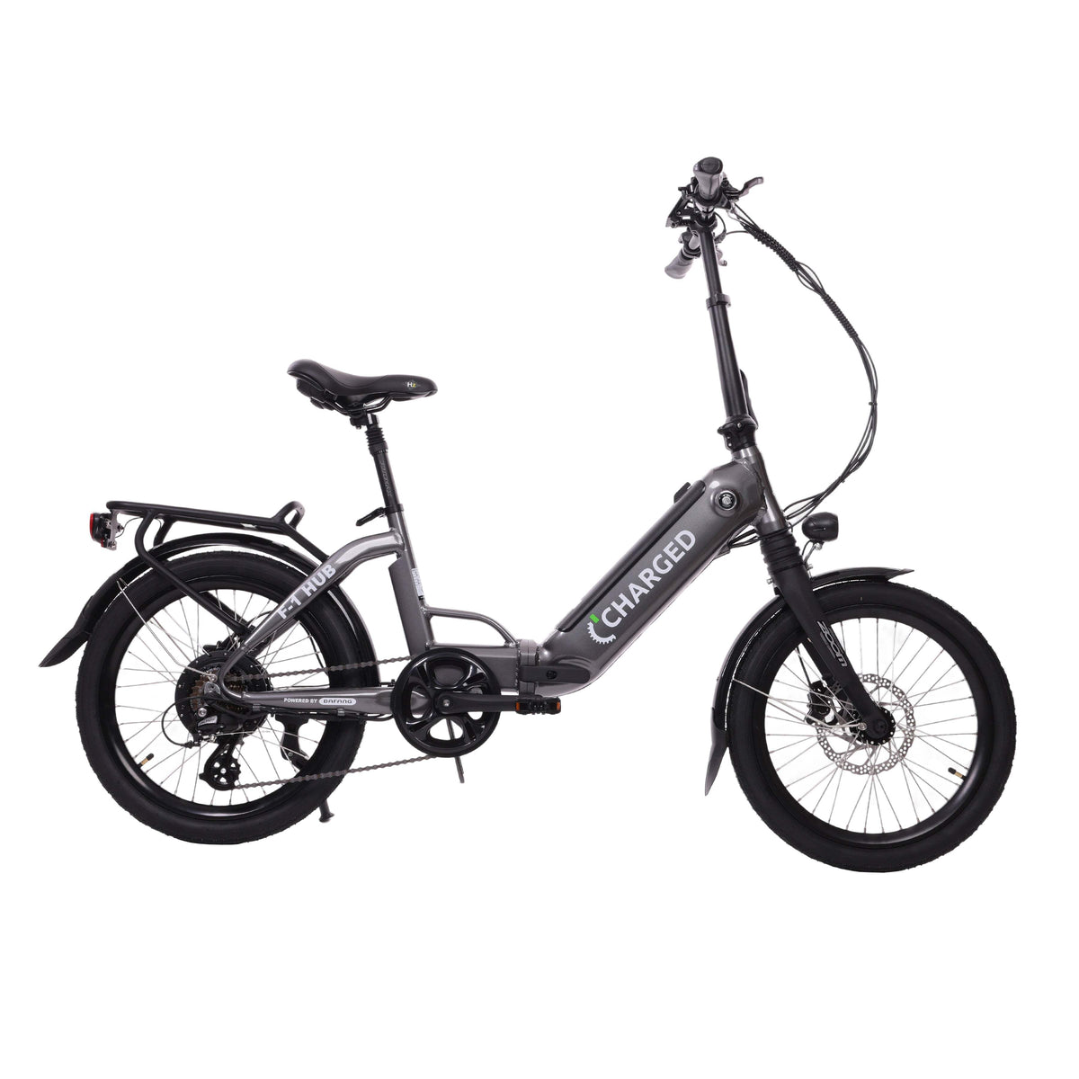 Electric folding bike in matte grey with black accents and branding, showcasing the Charged F1 Hub Paint finish.