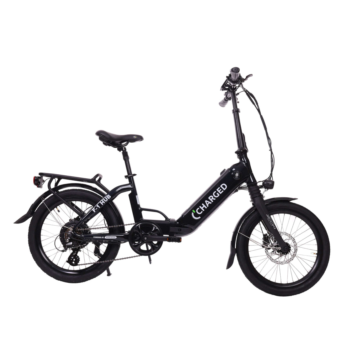 Black folding electric bike with branded frame and sturdy tires, ideal for urban commuting and easily portable, featuring F1 Hub Paint.