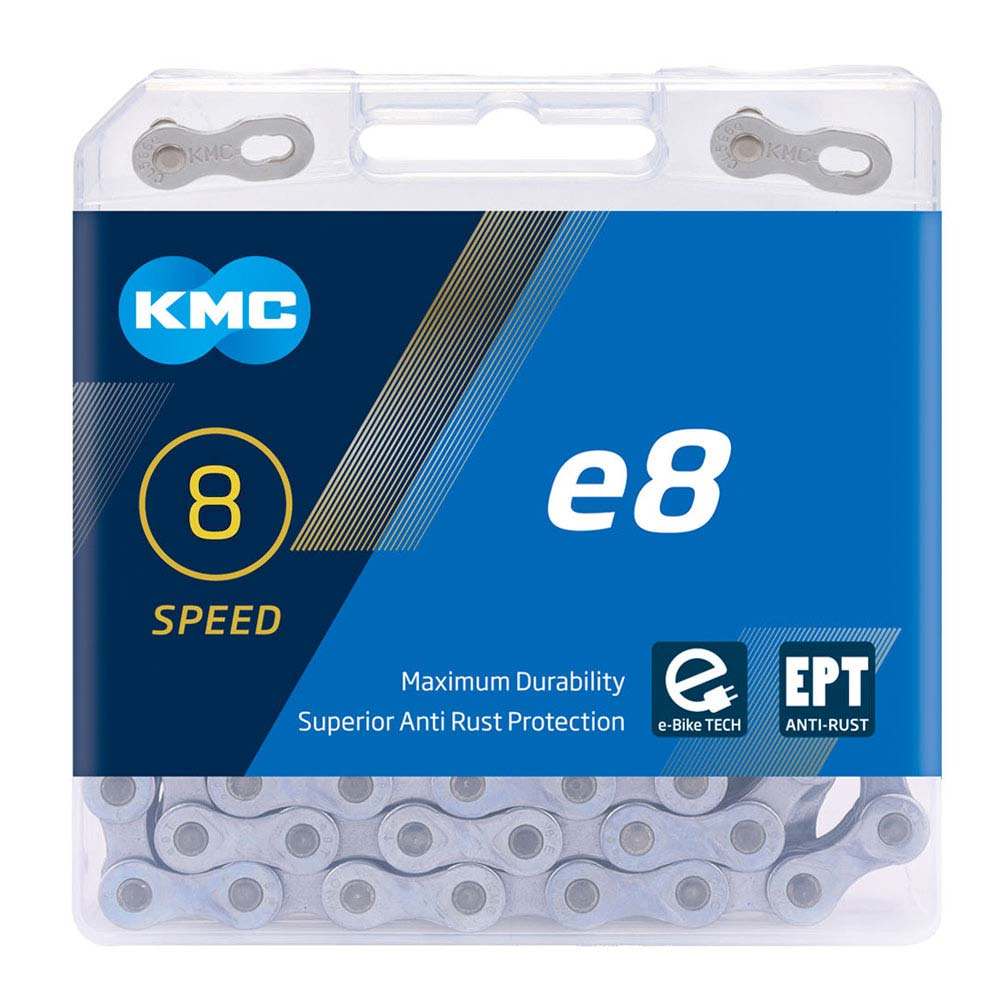 KMC E8 Chain 122 links with EcoProTeQ anti-rust technology for 6, 7, 8-speed systems, packaged for durable performance.
