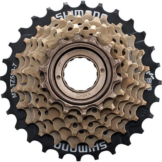 Shimano 7 Speed Freewheel, black, 14-28T, compatible with mountain bikes.