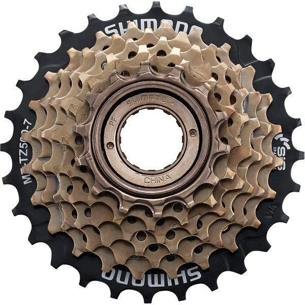 Shimano 7 Speed Freewheel, black, 14-28T, compatible with mountain bikes.