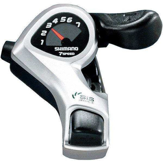 Shimano Tourney Thumb Shifter 7 Speed, silver, mechanical, accurate gear changes.