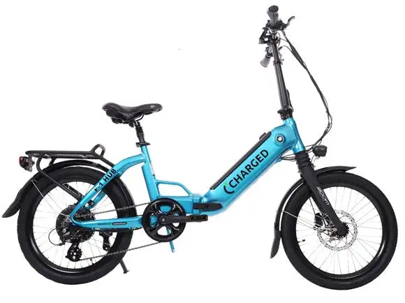 A sleek, light blue charged electric bicycle with black tires and handlebars.