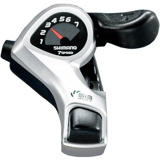 Shimano Tourney Thumb Shifter 7 Speed, silver, mechanical, accurate gear changes.